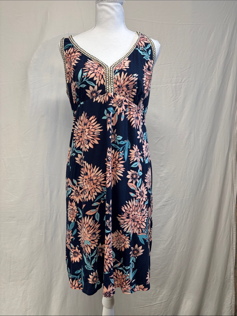 Lucky Brand Navy Floral Sleeveless V-Neck Midi Dress - Peach & Teal